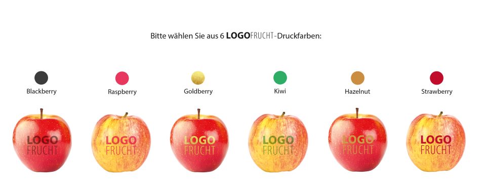6 rote Äpfel bedruckt mit Logo Frucht in unterschiedlichen Farben. 