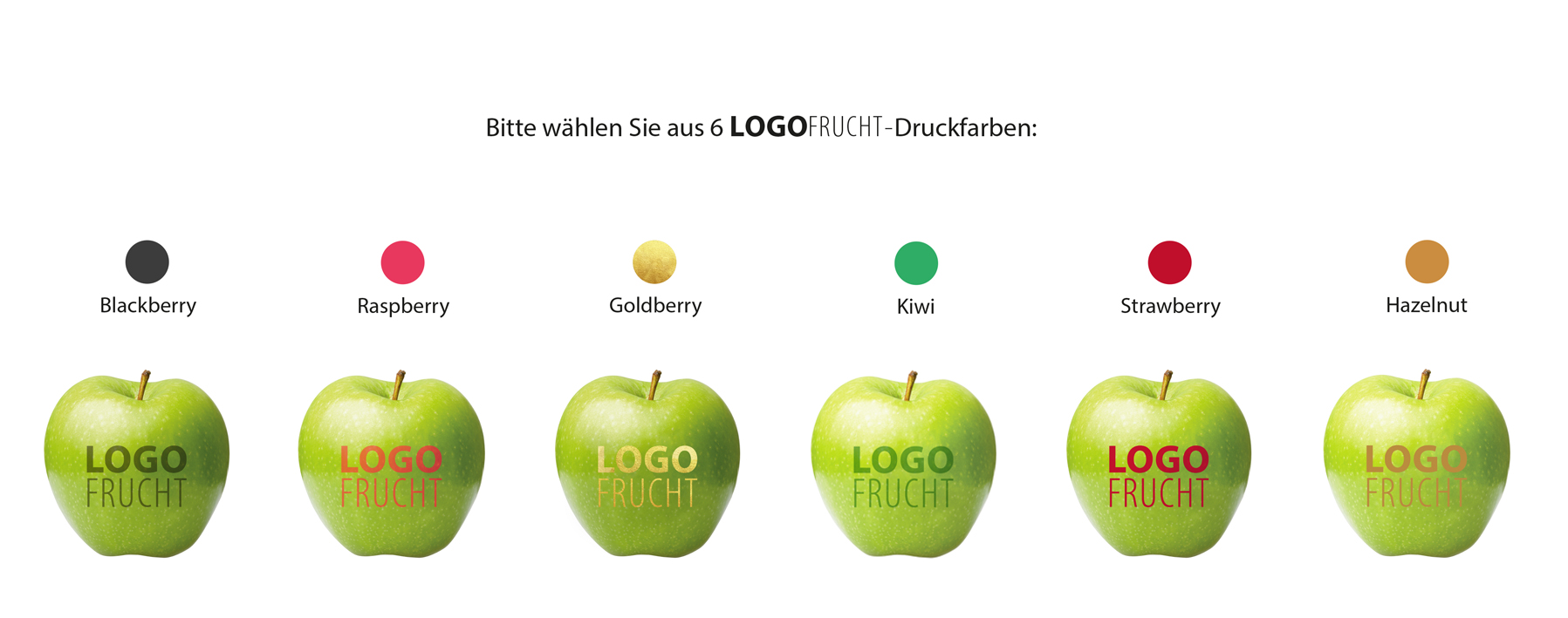 Grüne Äpfel mit Aufdruck Mein Logo in unterschiedlichen Farben.