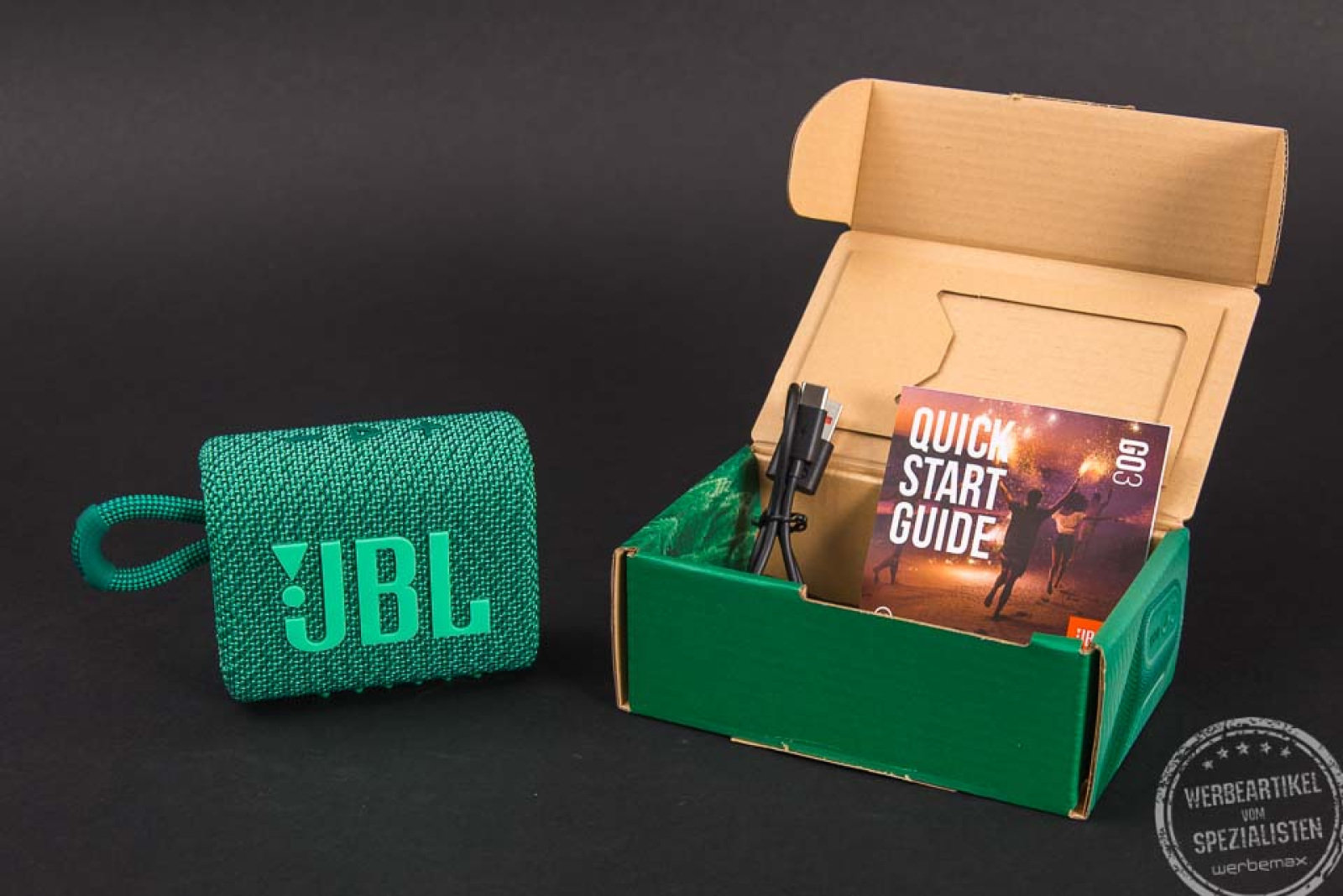 JBL GO 3 Eco Lautsprecher in grün mit umweltfreundlicher Verpackung als Werbeartikel