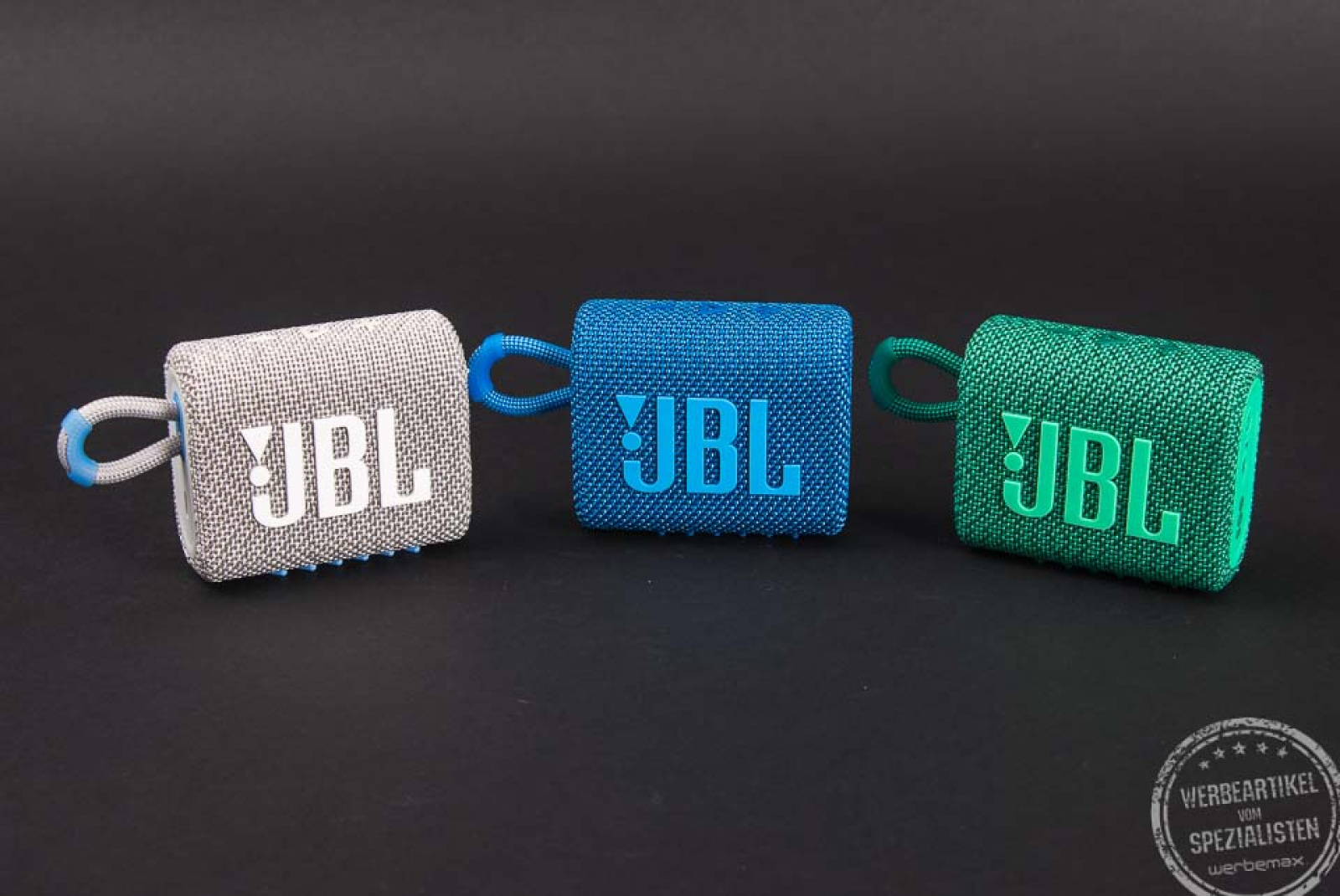JBL Lautsprecher in grau, blau und grün als Werbeartikel