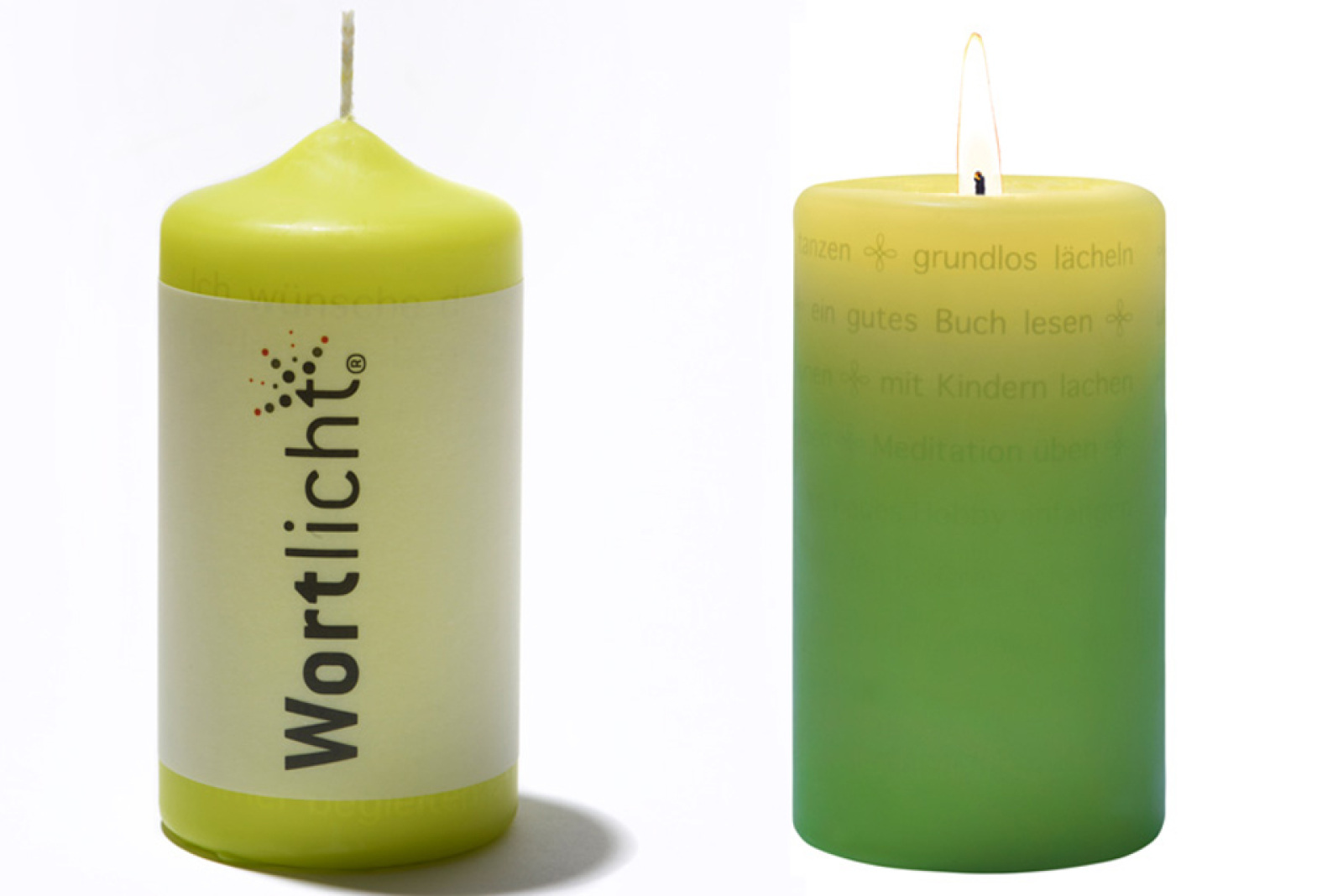 Zwei grüne Wortlicht Kerzen mit Botschaft Wortlicht bedruckt
