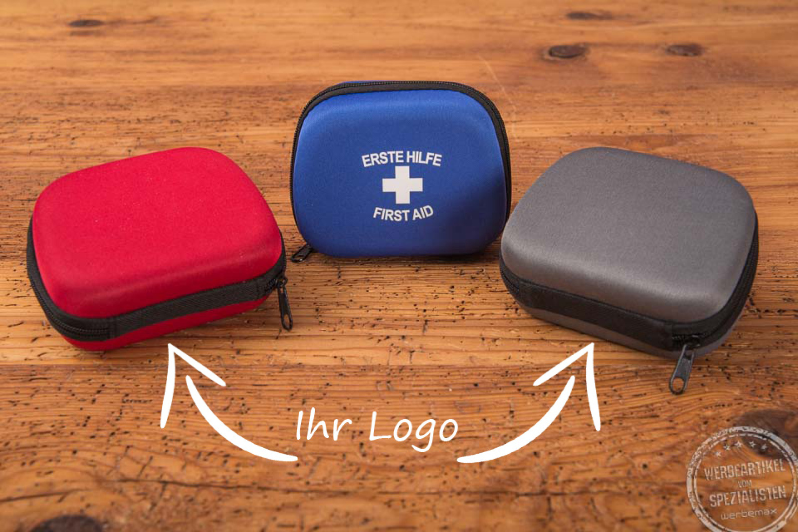 Erste Hilfe Set in rot, blau, grau mit Logo Druck 