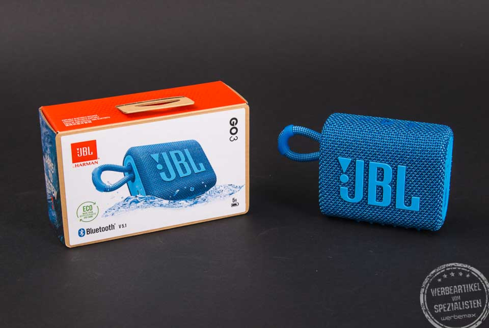 JBL Bluetooth Box Go 3 Eco in blau mit umweltfreundlicher Verpackung als Werbegeschenk
