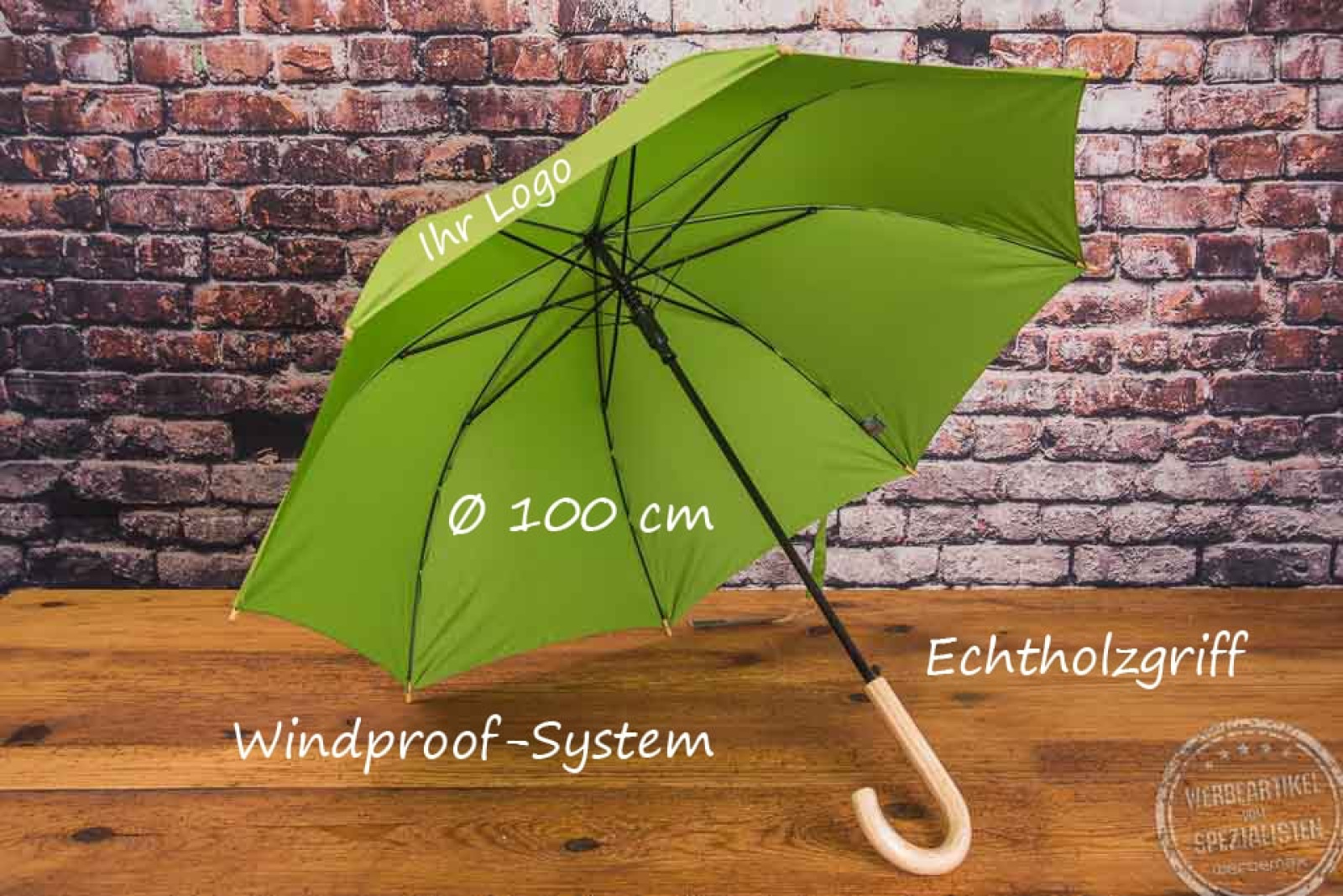 nachhaltiger Schirm mit Logodruck in der Farbe limette