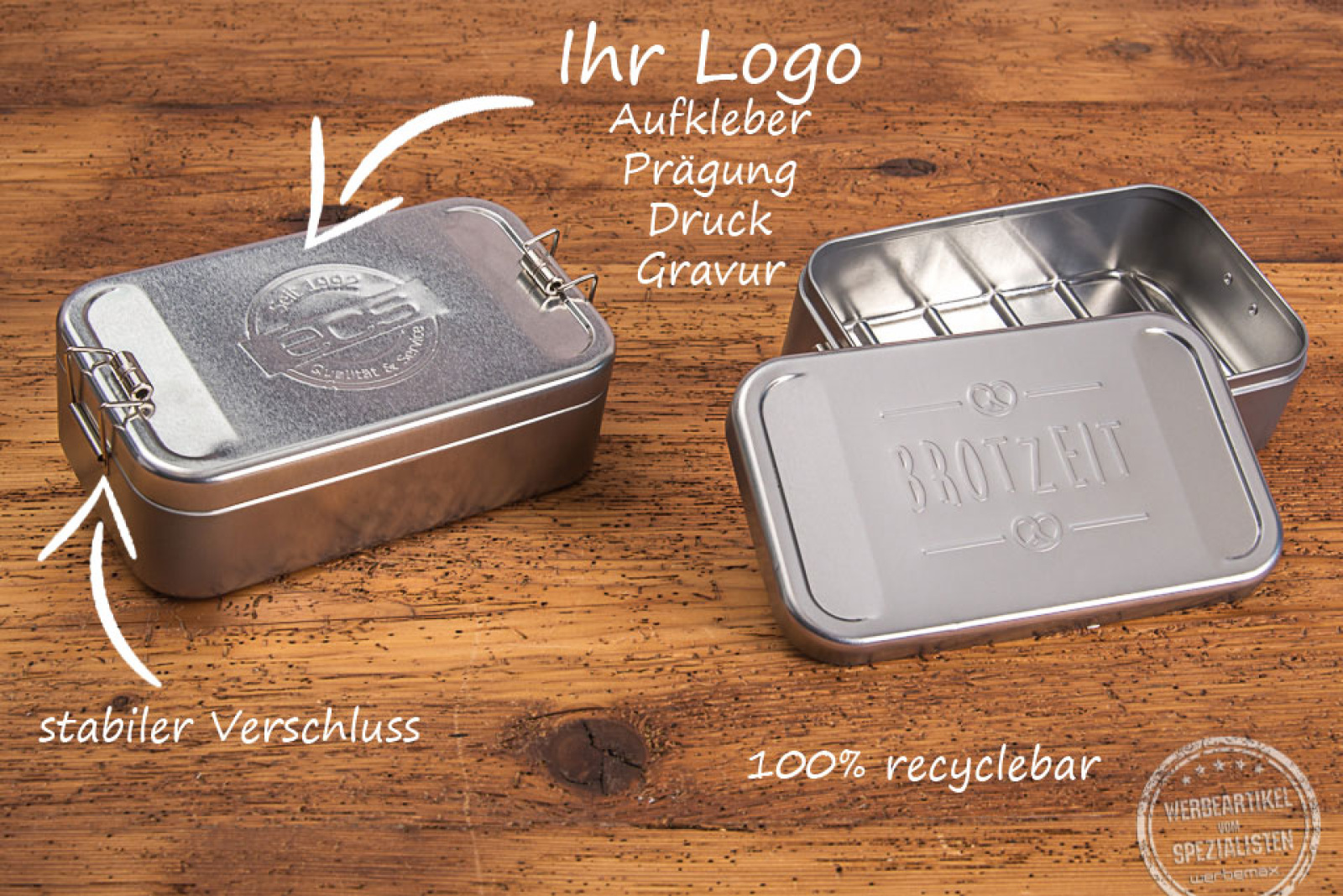 Lunchbox aus Blech mit einer Logo Prägung