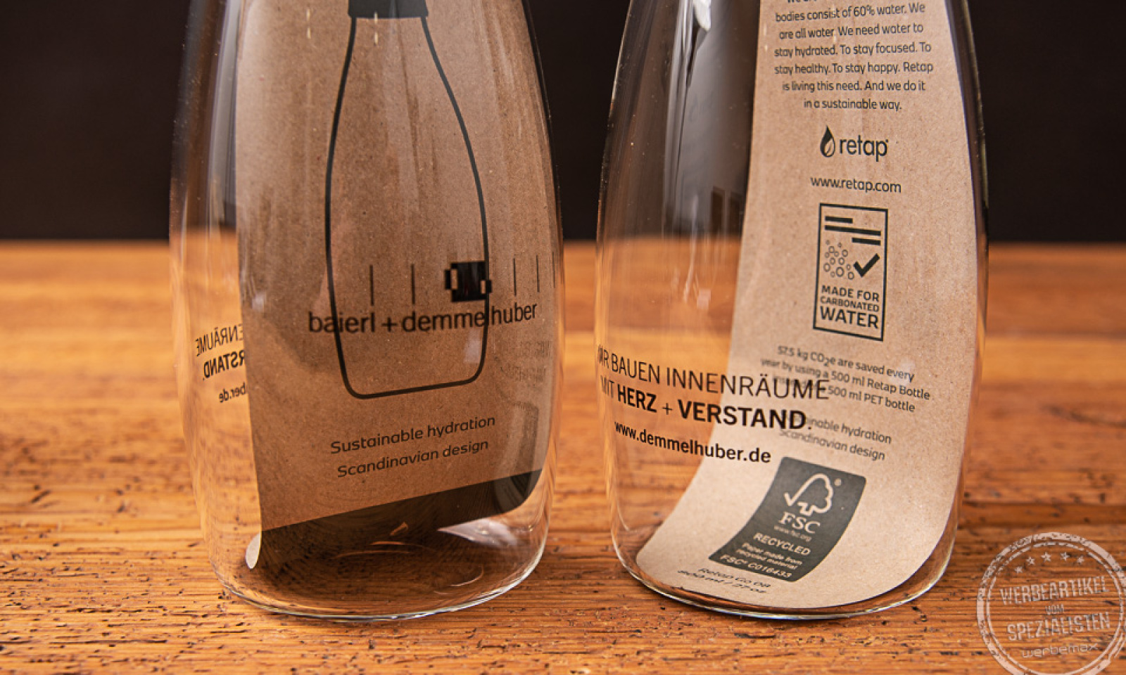 Retap Flaschen mit Schraubverschluss und Baierl + Demmelhuber Logo als Werbegeschenk 