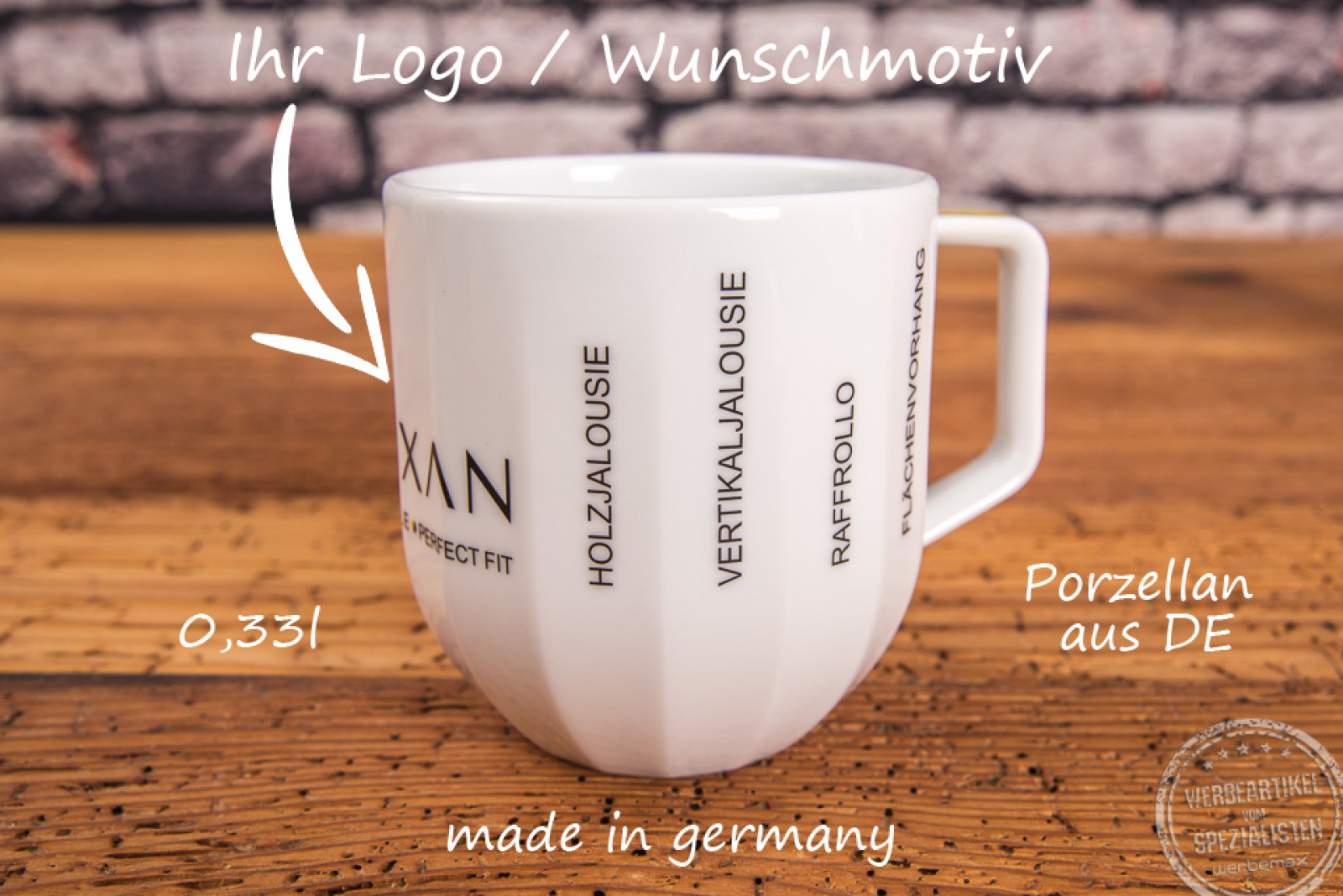 Kaffeebecher weiß aus Porzellan mit Logo
