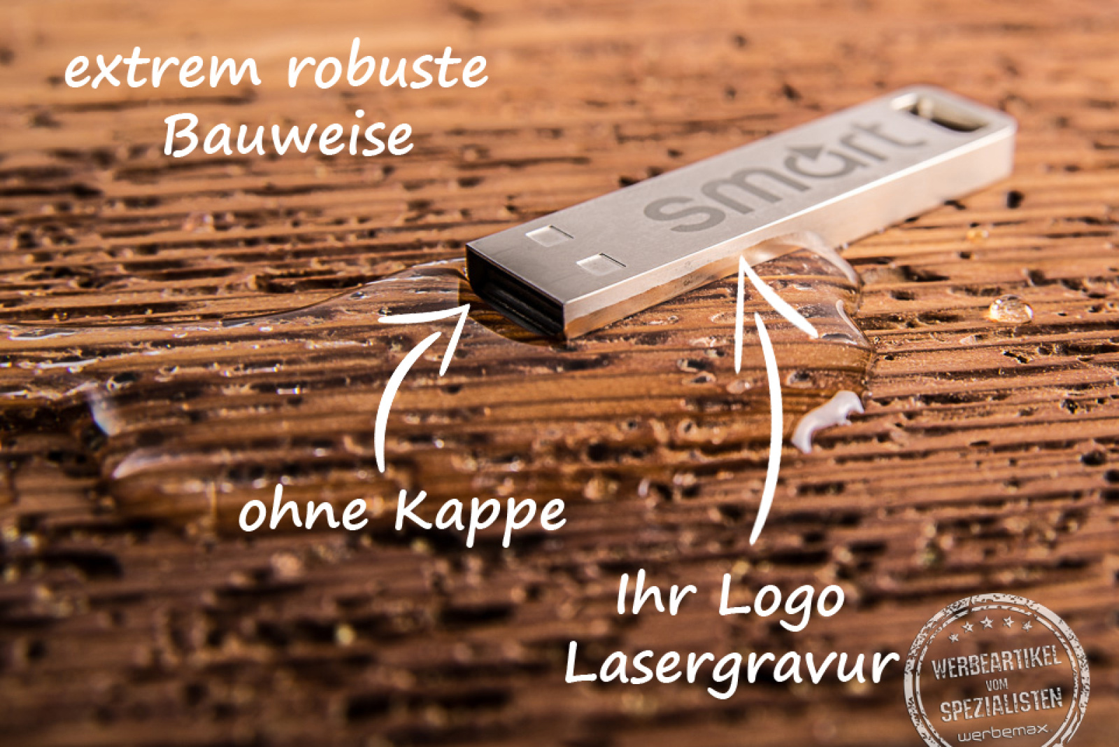 USB Stick Element mit Hinweis auf Beschriftungsmöglichkeiten.