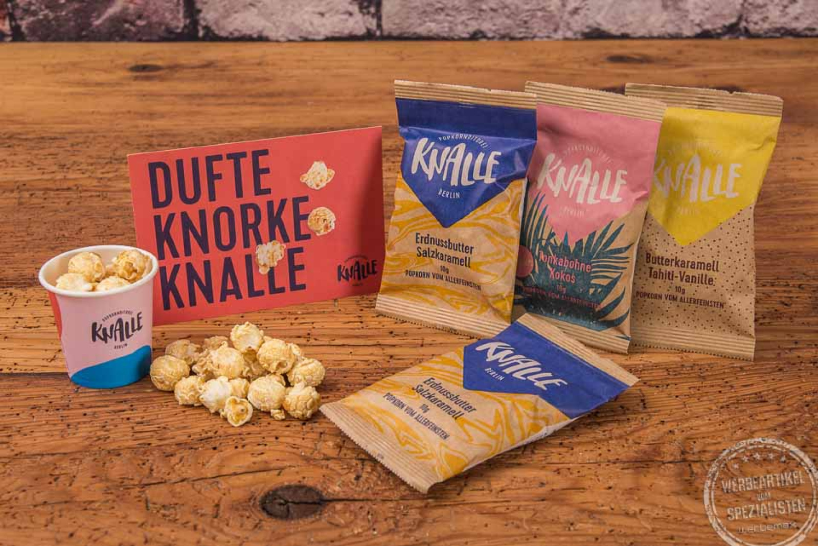 Knalle Popcorn in unterschiedlichen Verpackungen als Werbeartikel