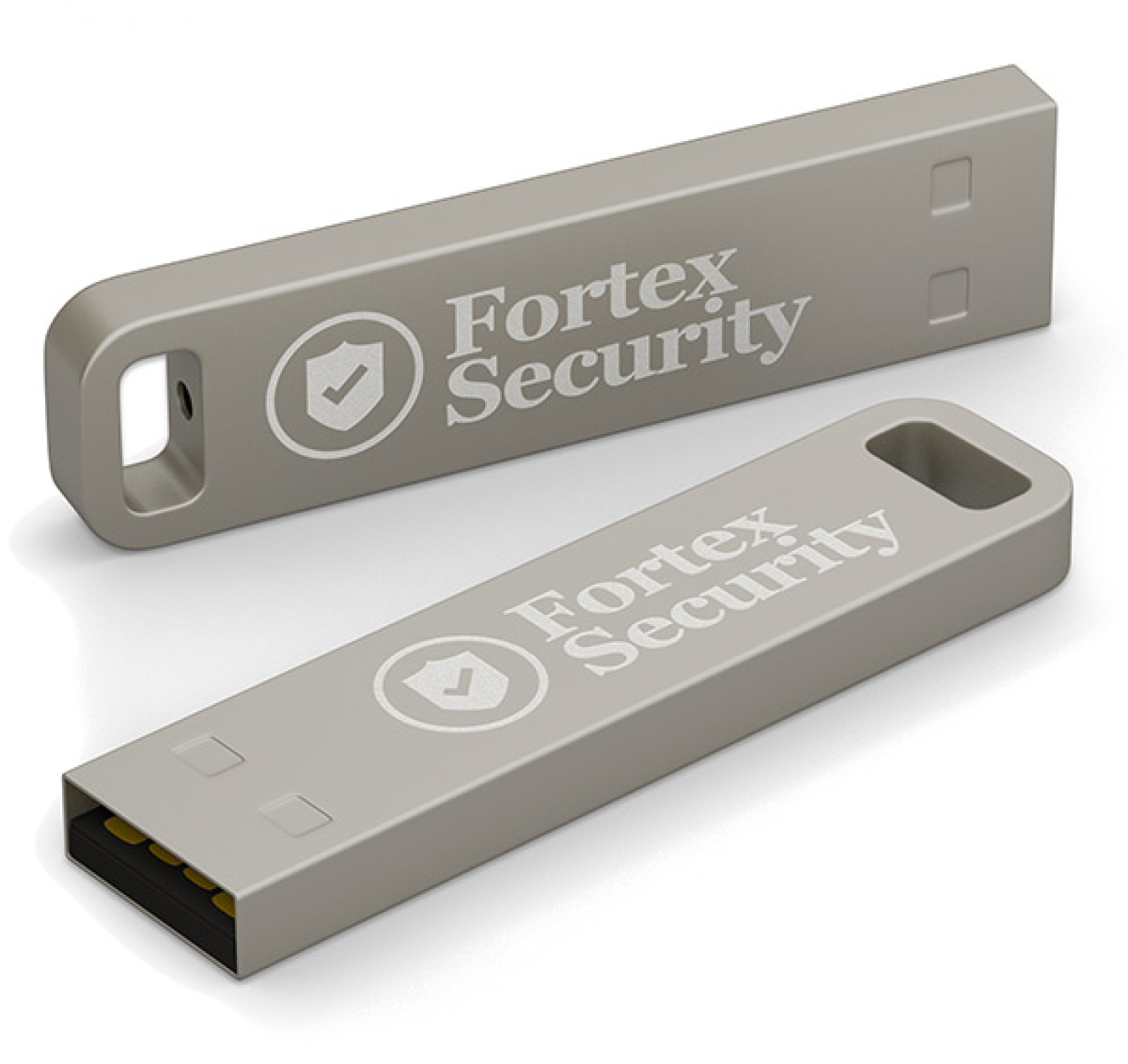 Zwei USB Sticks Element mit Logogravur Fortex Security als Mitarbeitergeschenk.